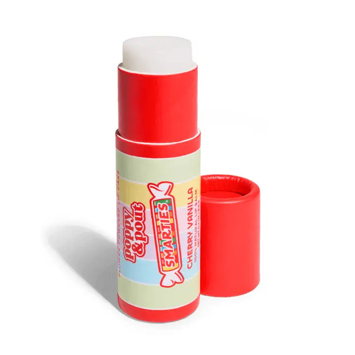 Lip balm with red casing and visible smarties branding on a white background