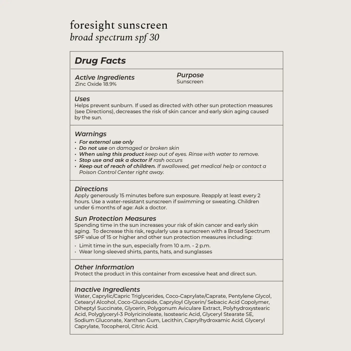 The Rebrand Foresight Sunscreen SPF 30 – Mineral Sunscreen for Face label lists drug facts, usage directions, warnings, sun protection info, and ingredients, with non-nano zinc oxide 18.9% as its active ingredient.