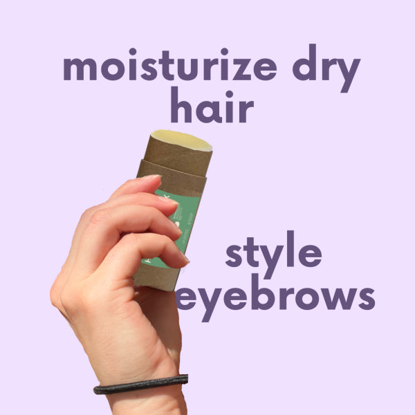 information card with moisturize dry hair and style eyebrows with a hand holding the tube of hair wax