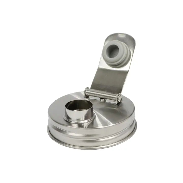 metal mason jar pour top with top popped open on white background