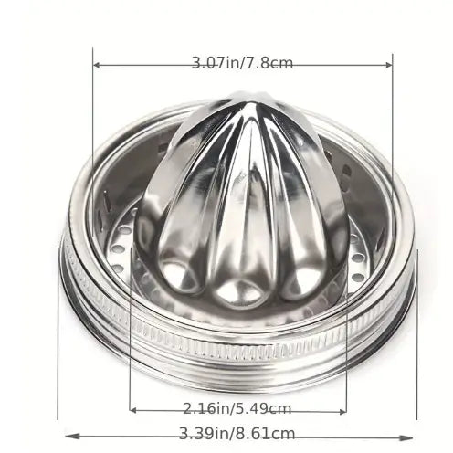 Stainless steel manual juicer with dimensions labeled on a white background