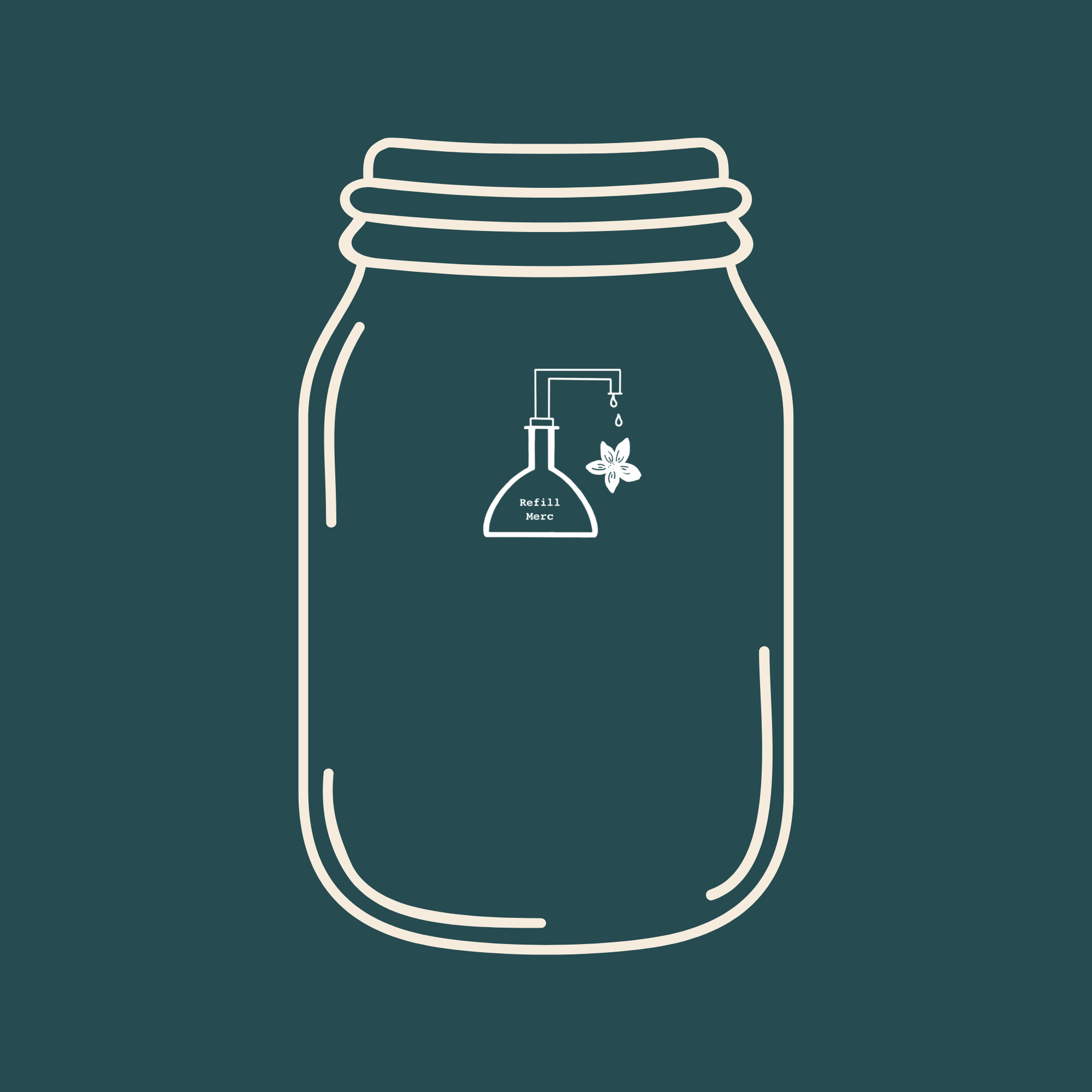 Outline of a mason jar with a dropper and flower icon on a dark green background
