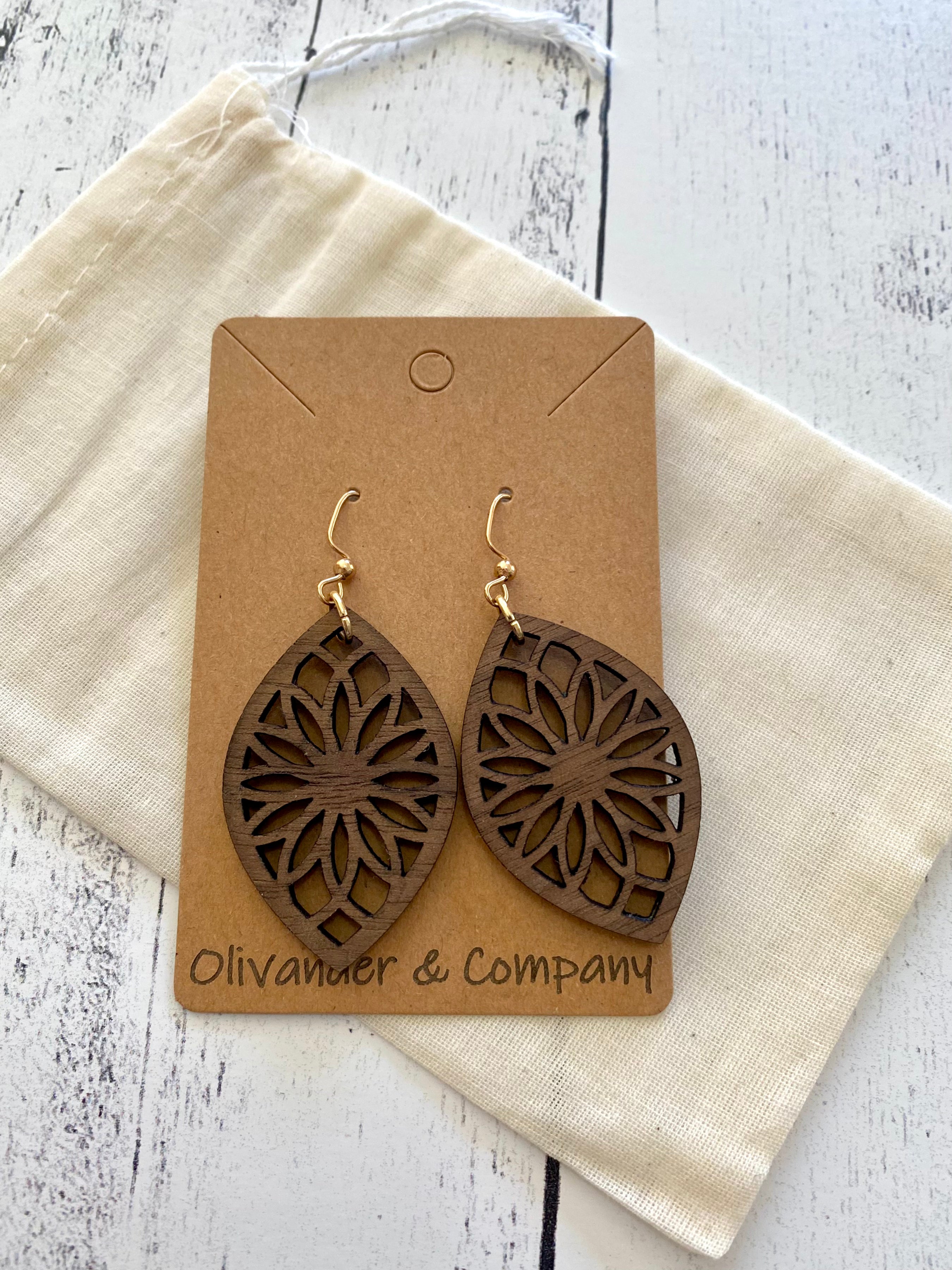 wood laser earrings with muslin fabric pouch