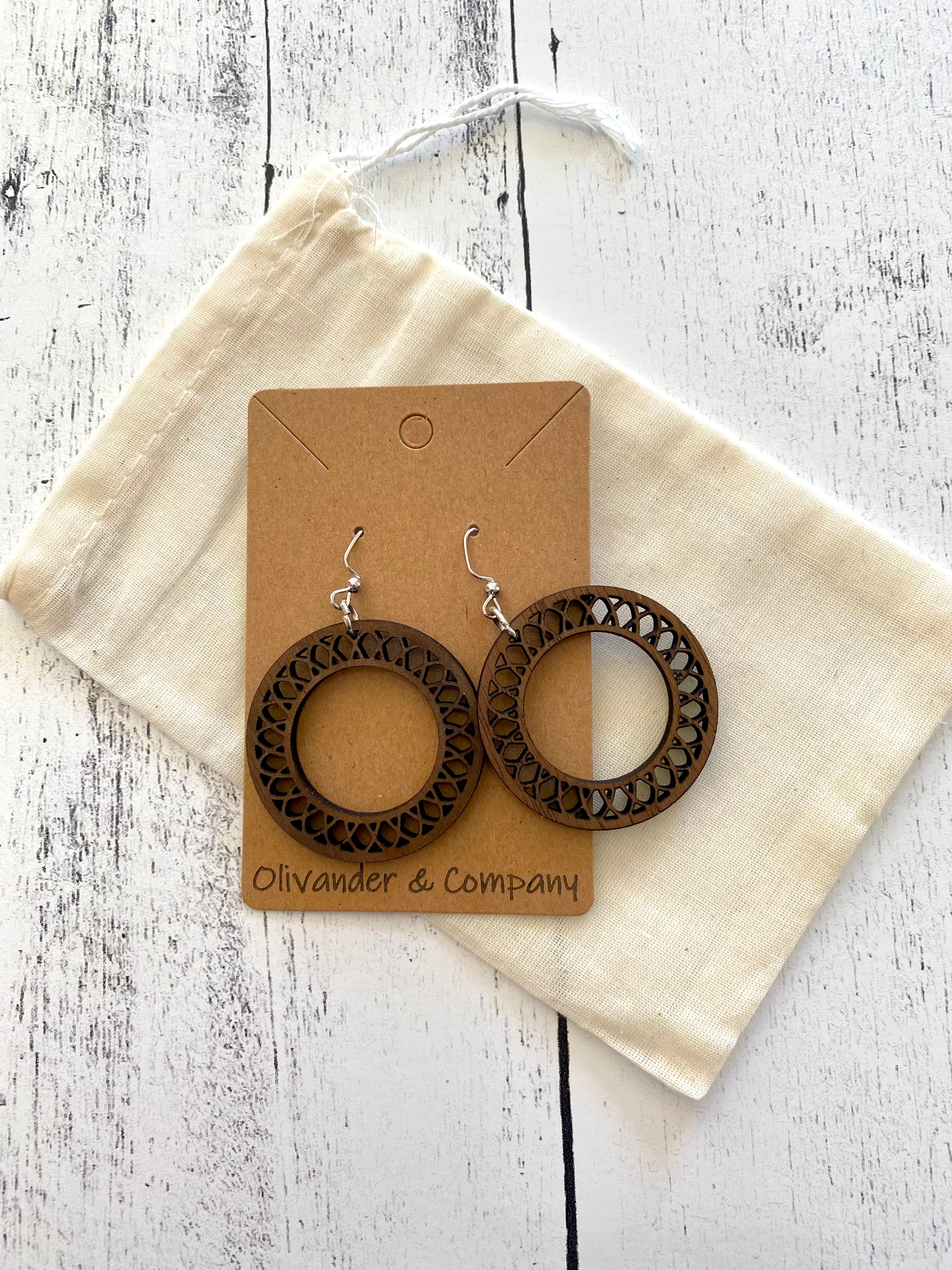 round wood laser earrings with muslin fabric pouch