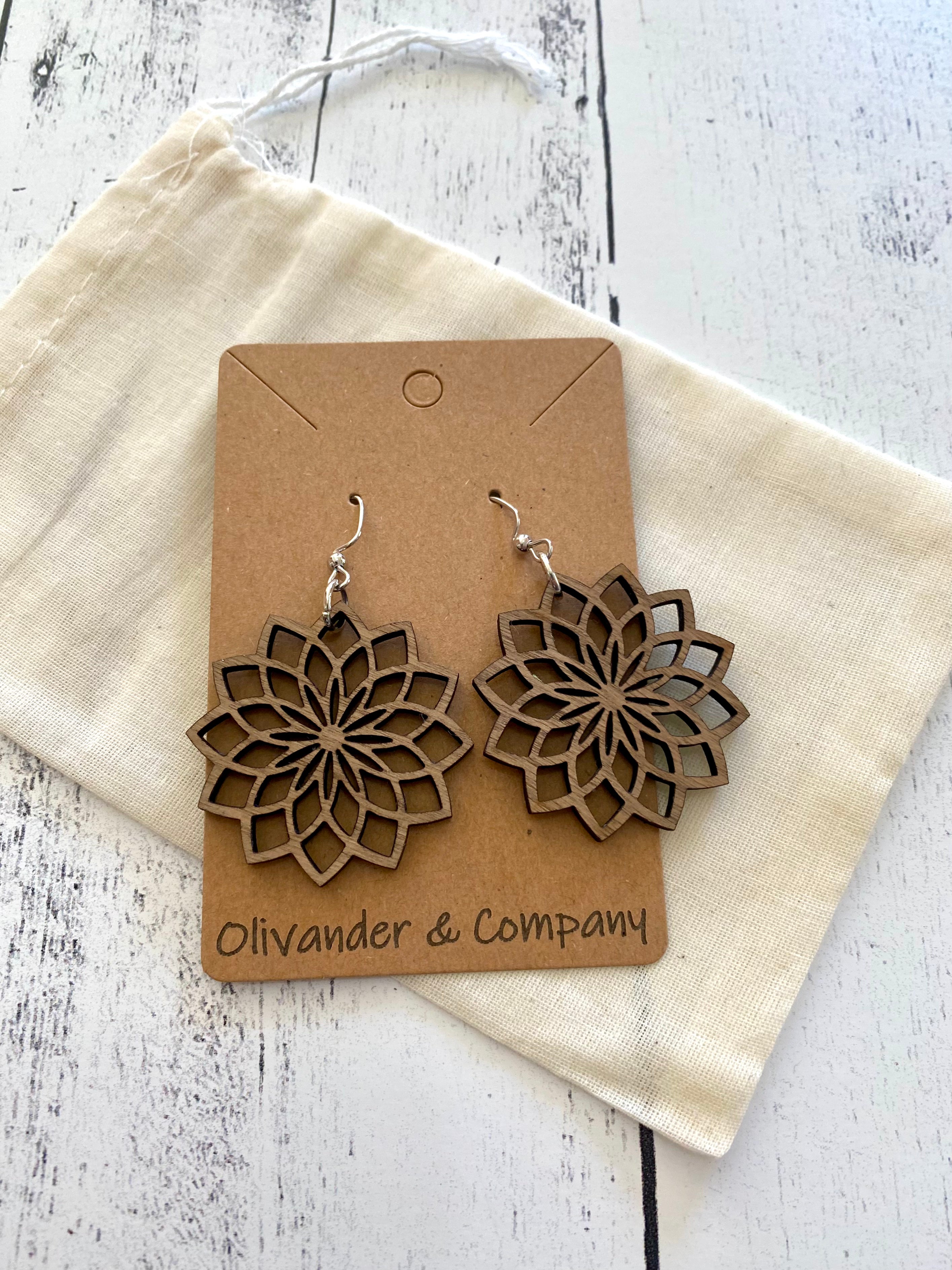 flower wood laser earrings with muslin fabric pouch