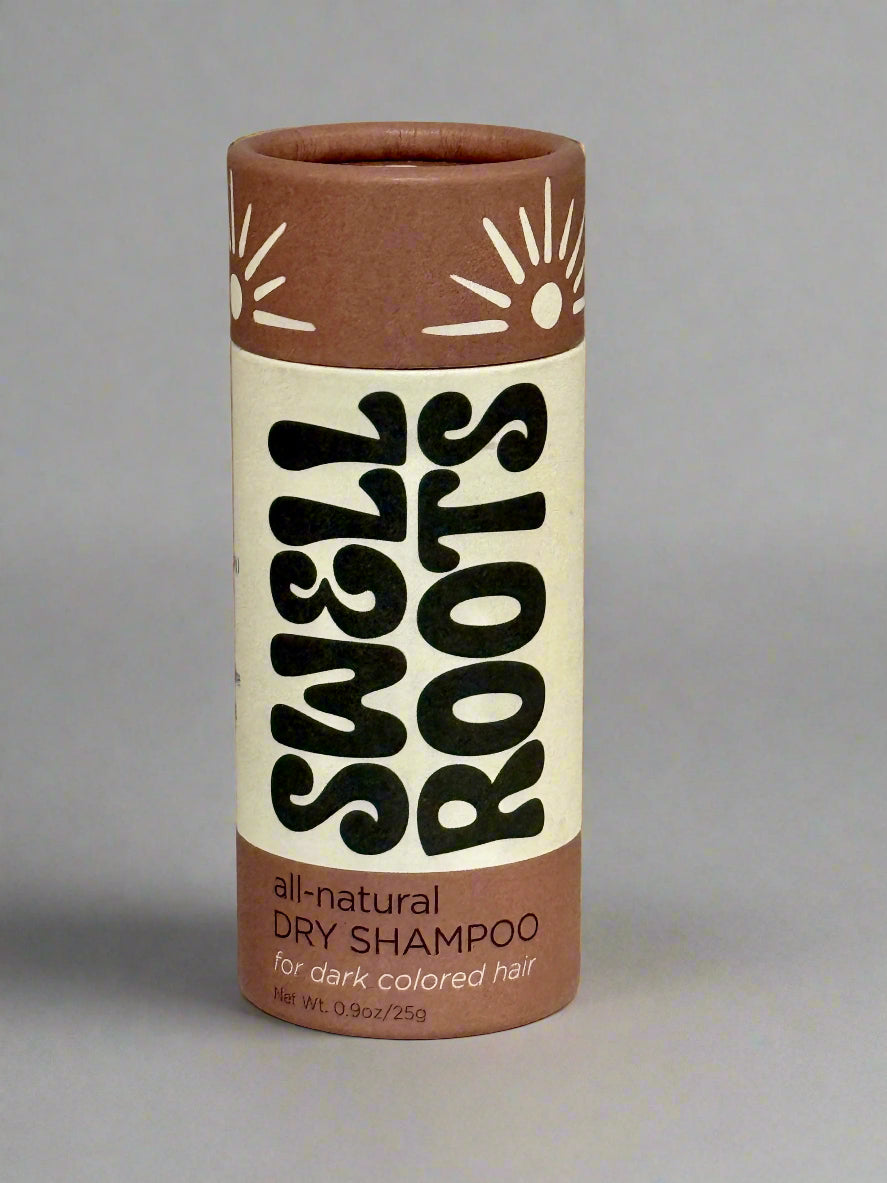 swell roots dry shampoo in cardboard shaker container