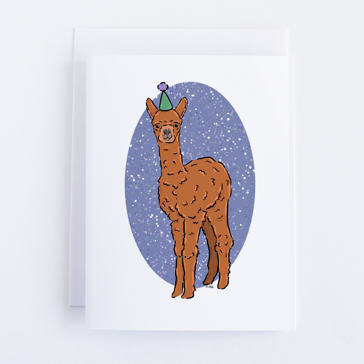 Eco-conscious greeting card by Bean Horse Car Designs features a smiling brown llama in a green party hat with a purple pom-pom, set against a purple speckled background.