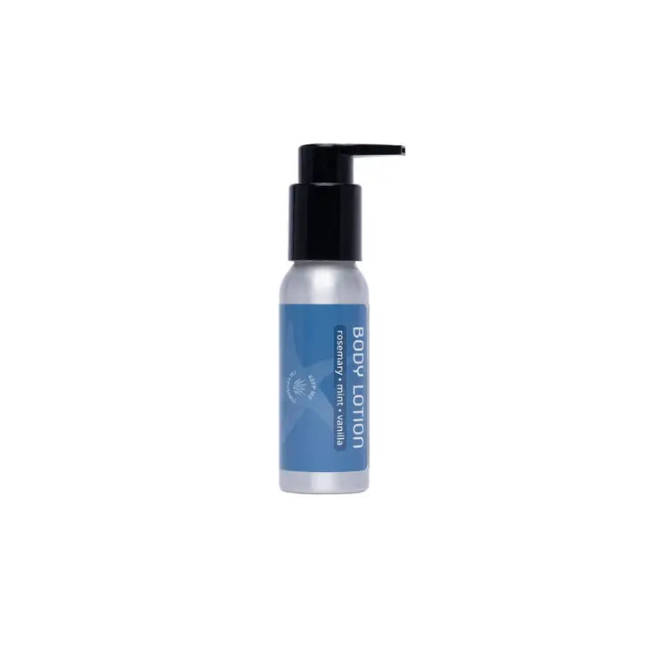 A silver bottle with a black pump and blue “Plaine Products Lotion” label is centered on a white background, showcasing Plaine Products’ vegan skin conditioner in a plastic-free design.
