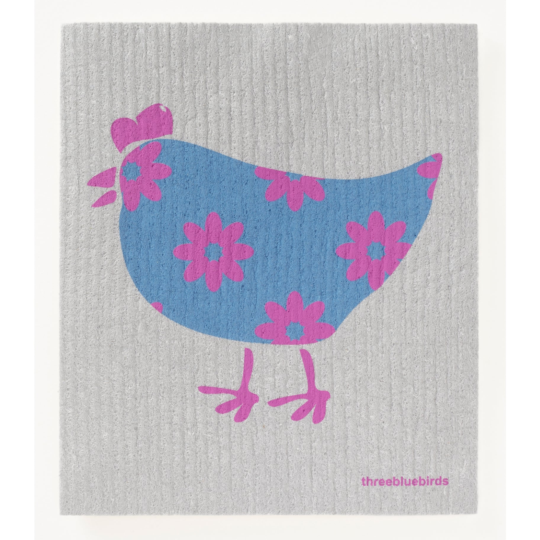 The Birds and Chickens Swedish Dishcloth from Three Bluebirds Swedish Dishcloths features a gray textured surface with a blue chicken, pink and purple-centered flowers, pink accents, and “threebluebirds” in pink—ideal for sustainable cleaning.