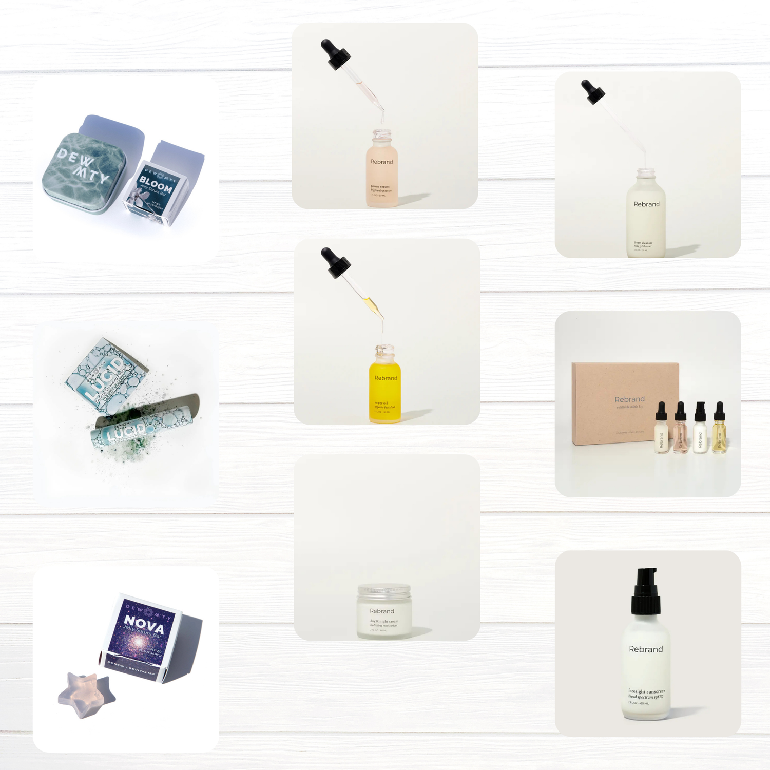 A collage of skincare products including serums, creams, oils, a spray bottle, boxed bath bombs, and small glass bottles arranged on a white wooden background.