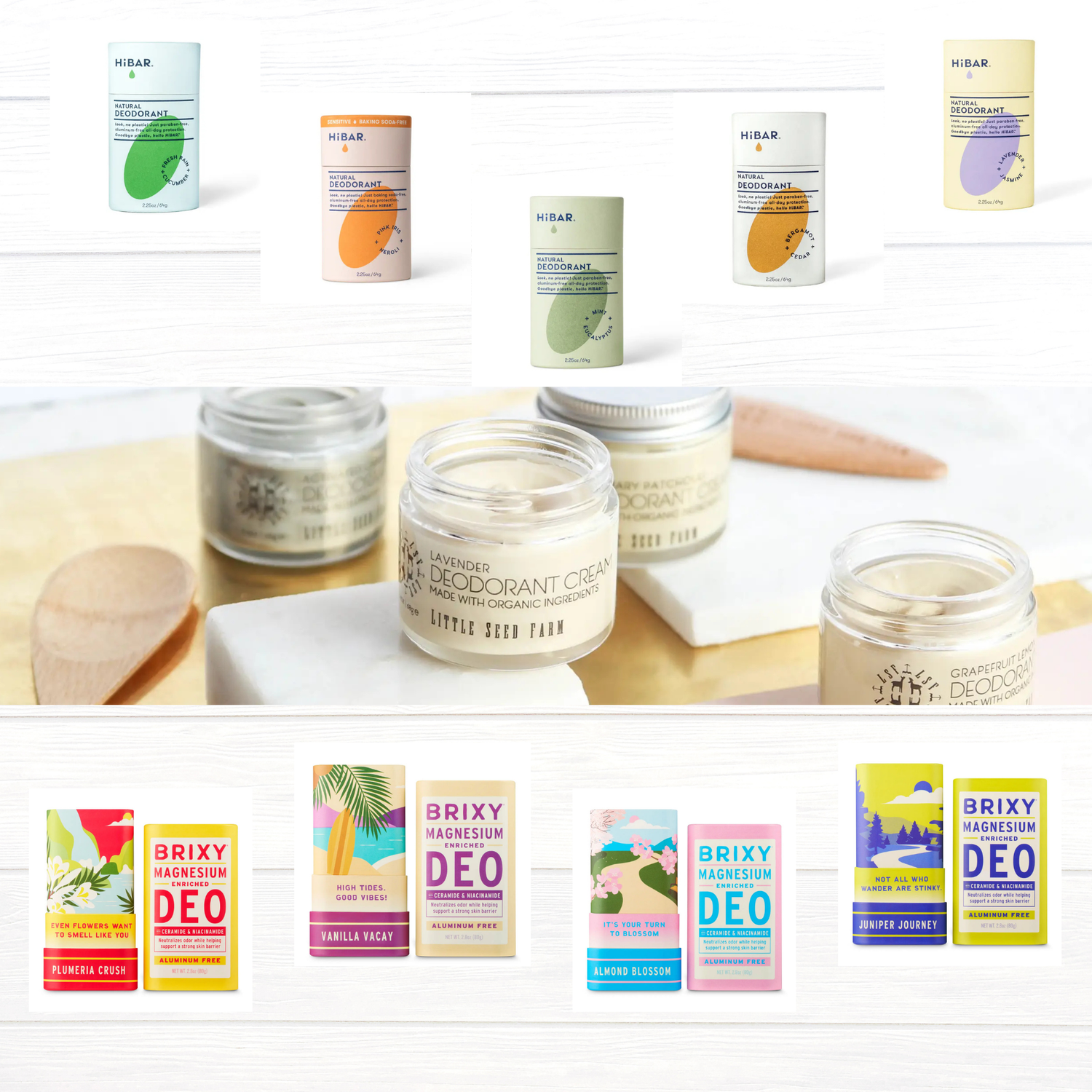 A collection of natural deodorant products, including HiBAR sticks, Little Seed Farm deodorant cream jars with lids and wooden scoops, and BRIXY magnesium deo bars in colorful packaging.