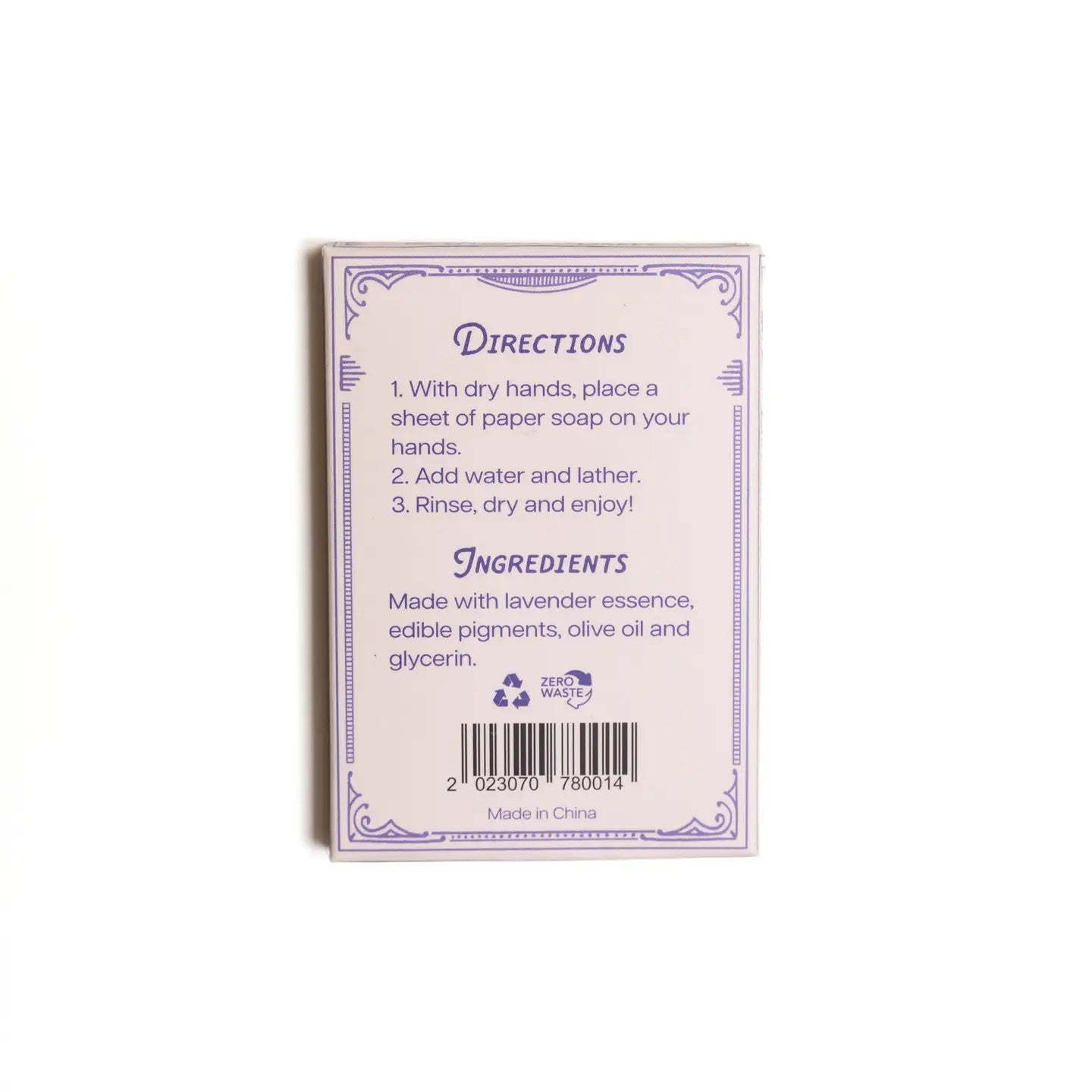 Back of a paper soap package with directions and ingredients listed.