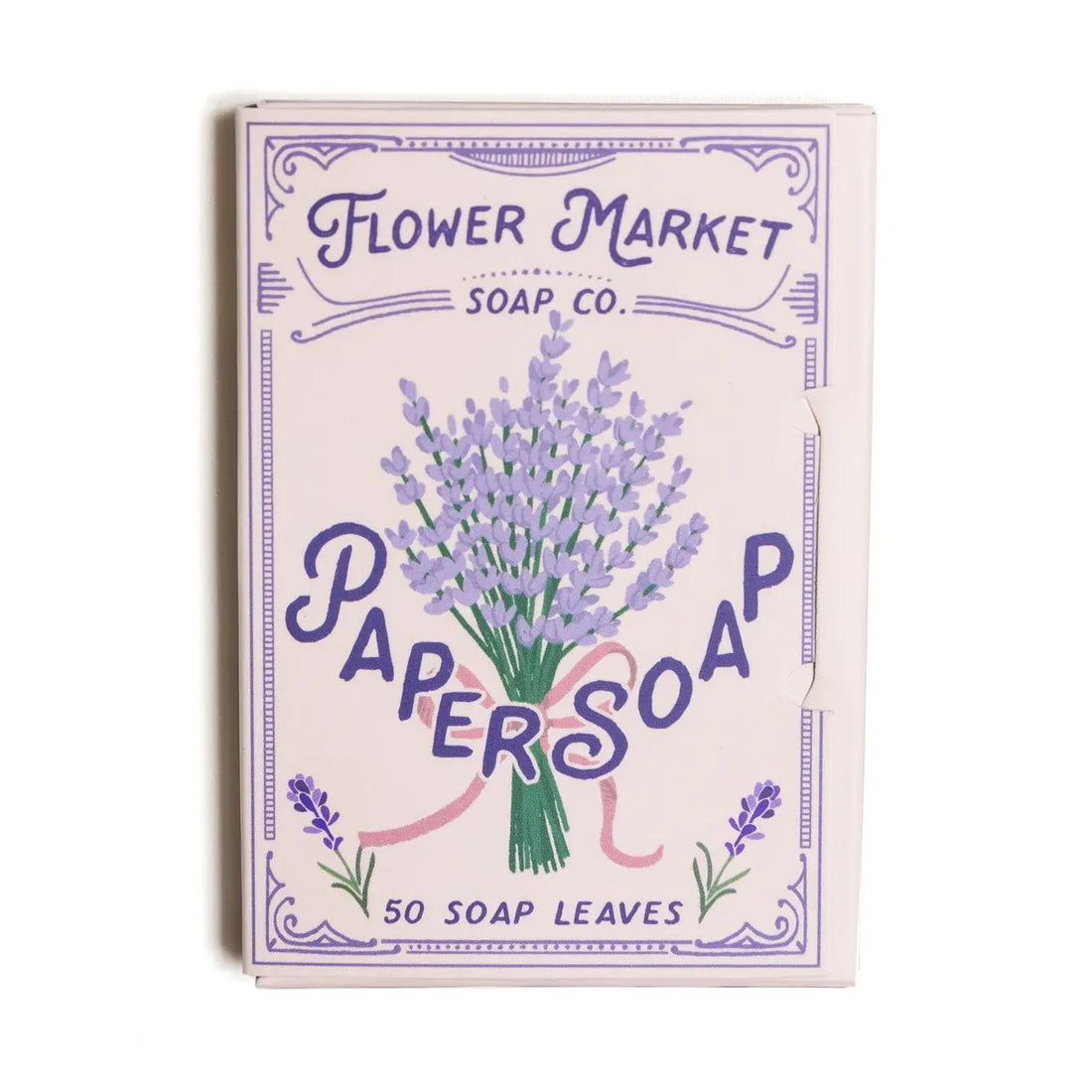 Flower Market Soap Co. paper soap packaging with lavender design on a white background