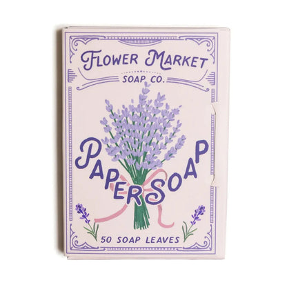 Flower Market Soap Co. paper soap packaging with lavender design on a white background