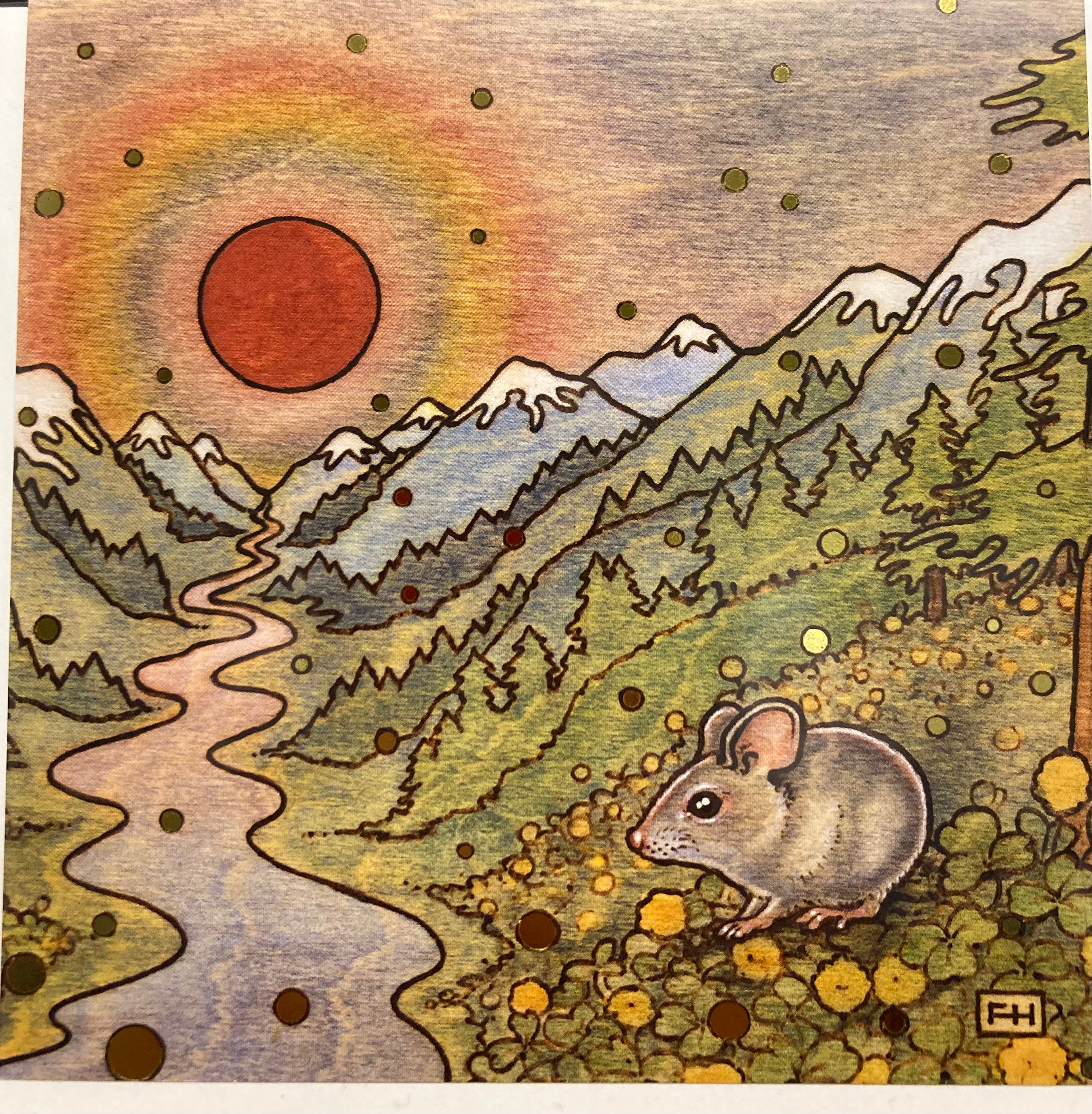 A small gray mouse sits among yellow flowers in a mountain valley with a river, pines, snowy peaks, and a red sun. Gold dots recall foil art prints in this Fay Helfer-inspired scene on Artist Fay Helfer Greeting Cards.