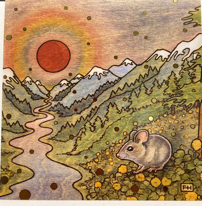 A small gray mouse sits among yellow flowers in a mountain valley with a river, pines, snowy peaks, and a red sun. Gold dots recall foil art prints in this Fay Helfer-inspired scene on Artist Fay Helfer Greeting Cards.