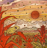 A stylized green frog sits on red leaves before a sunset with mountains, clouds, and gold-dotted sky—capturing the vibrant charm of Fay Helfer&