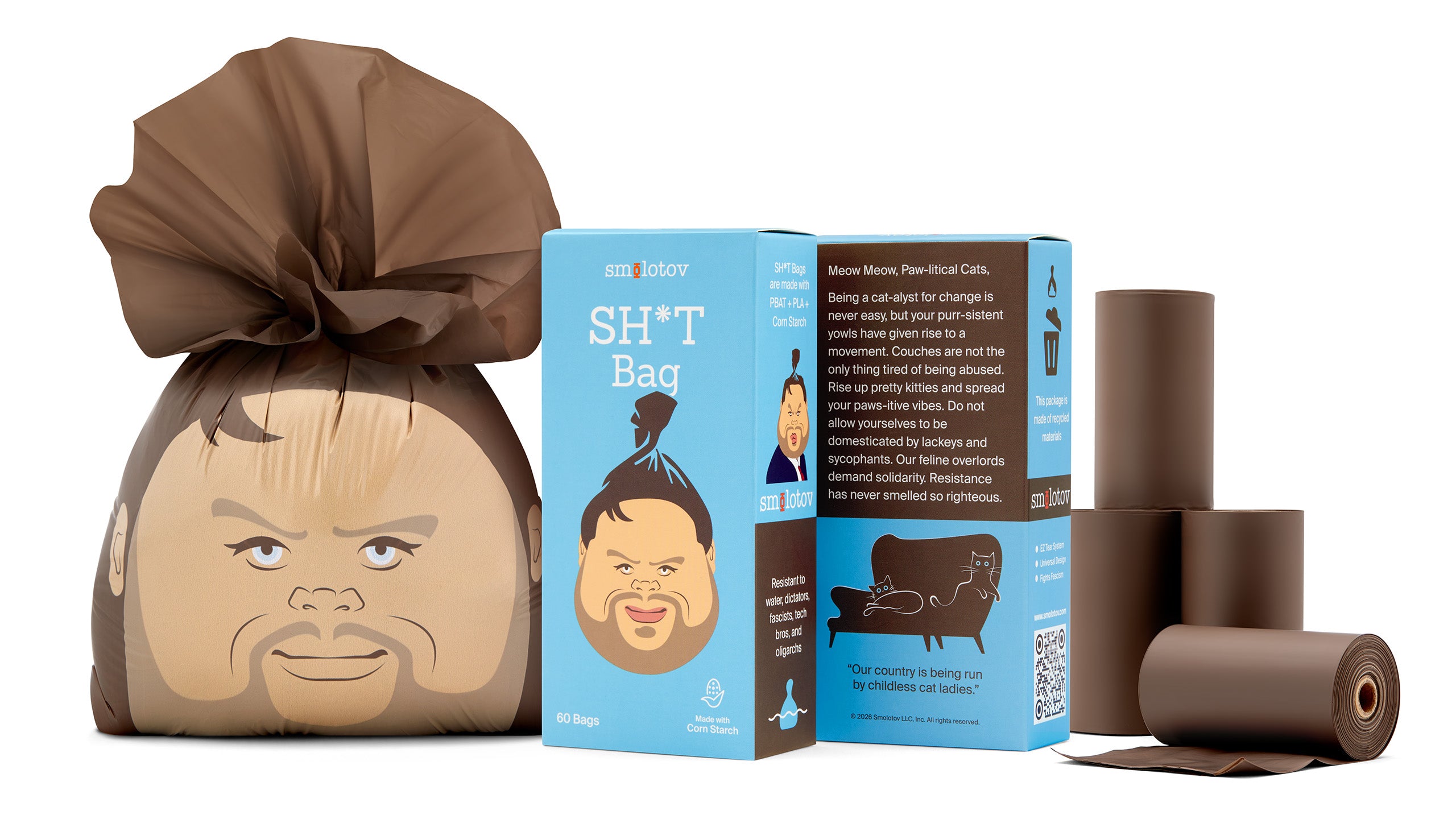 Brown poop bag with a JD Vance design, blue packaging box, and additional brown paper bags on a white background.