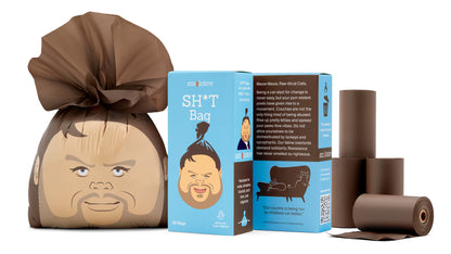 Brown poop bag with a JD Vance design, blue packaging box, and additional brown paper bags on a white background.