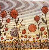 A stylized snail among tall reddish-orange flowers, under a swirling sky with a red sun and dotted stars, decorates the Artist Fay Helfer Greeting Cards by Fay Helfer—evoking a dreamy, whimsical landscape.