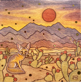 The Artist Fay Helfer Greeting Cards by Fay Helfer showcase a desert sunset scene with a fox, cacti with red flowers, distant mountains, and a large red sun, all in the artist’s signature stylized design.