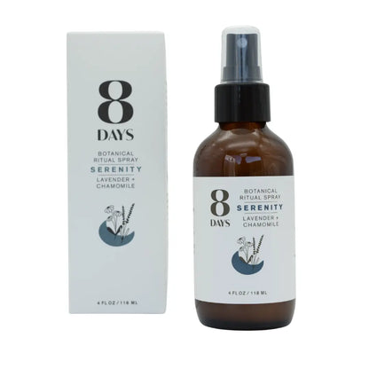 8 Days Serenity botanical ritual spray bottle and packaging on a white background
