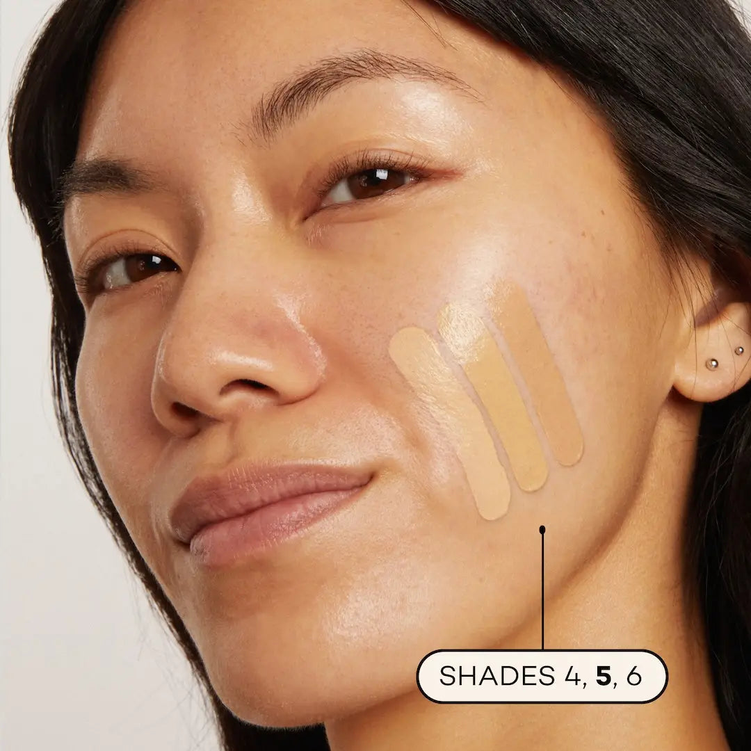 A woman with glowing skin displays three shades of Axiology Fungdation Mushroom Foundation swatched on her cheek, labeled as Shades 4, 5, and 6.