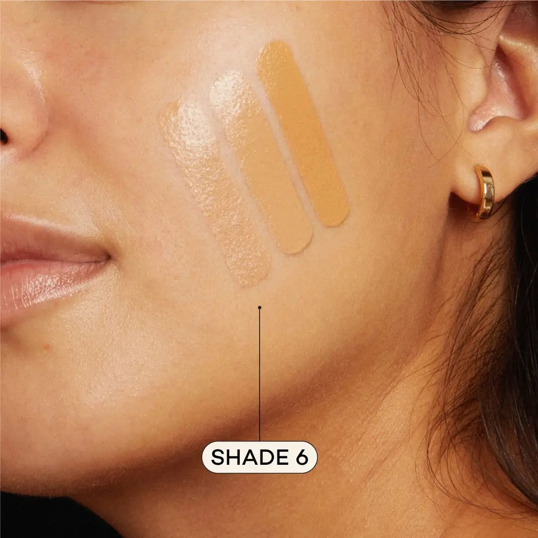 A close-up of a woman’s face with three Axiology Fungdation Mushroom Foundation swatches in different shades on her cheek. An arrow labels the darkest as SHADE 6. She wears a small gold hoop earring.
