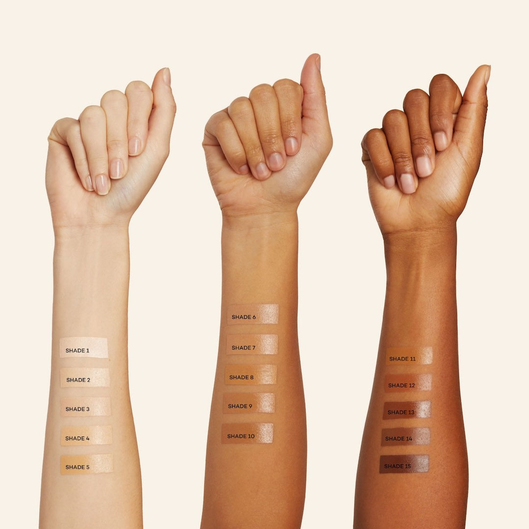 Three raised forearms with different skin tones display twelve swatches of Axiology Fungdation Mushroom Foundation, labeled by shade number and showing a spectrum of foundation colors from light to dark on each arm.