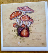 Inspired by Fay Helfer, this Artist Fay Helfer Greeting Card features red mushrooms with white spots emerging from a realistic heart, set on a tan background with vintage-style handwritten notes and diagrams.