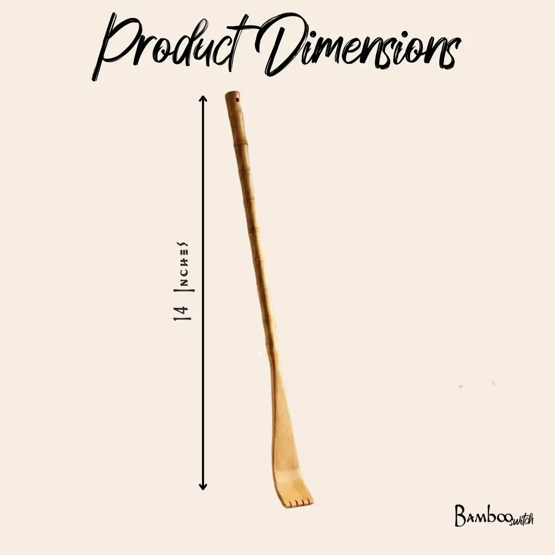 The Bamboo Switch Bamboo Backscratcher, shown upright beside a 14-inch marker, features a curved scratching end. The image displays the product dimensions and the Bamboo Switch brand name.