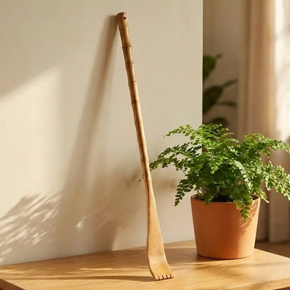 The Bamboo Switch Bamboo Backscratcher rests against a white wall on a wooden surface beside a potted green fern as sunlight brightens the cozy room.