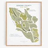 Framed Sonoma County AVA map with a wooden frame on a white background
