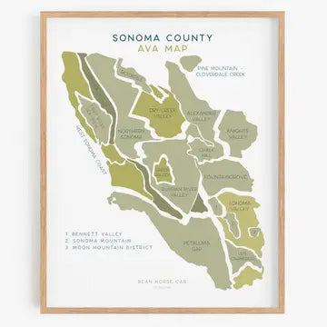 Framed Sonoma County AVA map with a wooden frame on a white background