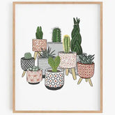 Framed artwork of various cacti and succulents in patterned pots on a white background