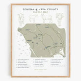 Map of Sonoma and Napa County cheese production areas with a wooden frame.