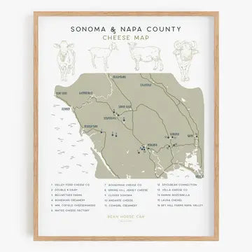 Map of Sonoma and Napa County cheese production areas with a wooden frame.