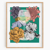 Framed artwork with colorful flowers on a teal background