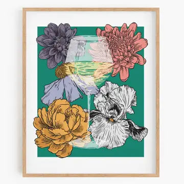 Framed artwork with colorful flowers on a teal background