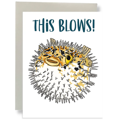 Bean Horse Car Designs Greeting Card features a puffed-up pufferfish with "THIS BLOWS!" in bold blue letters, plus a gray envelope in the background.