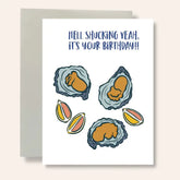 A Bean Horse Car Designs Greeting Card featuring three oysters and four mussels with "HELL SHUCKING YEAH, IT&