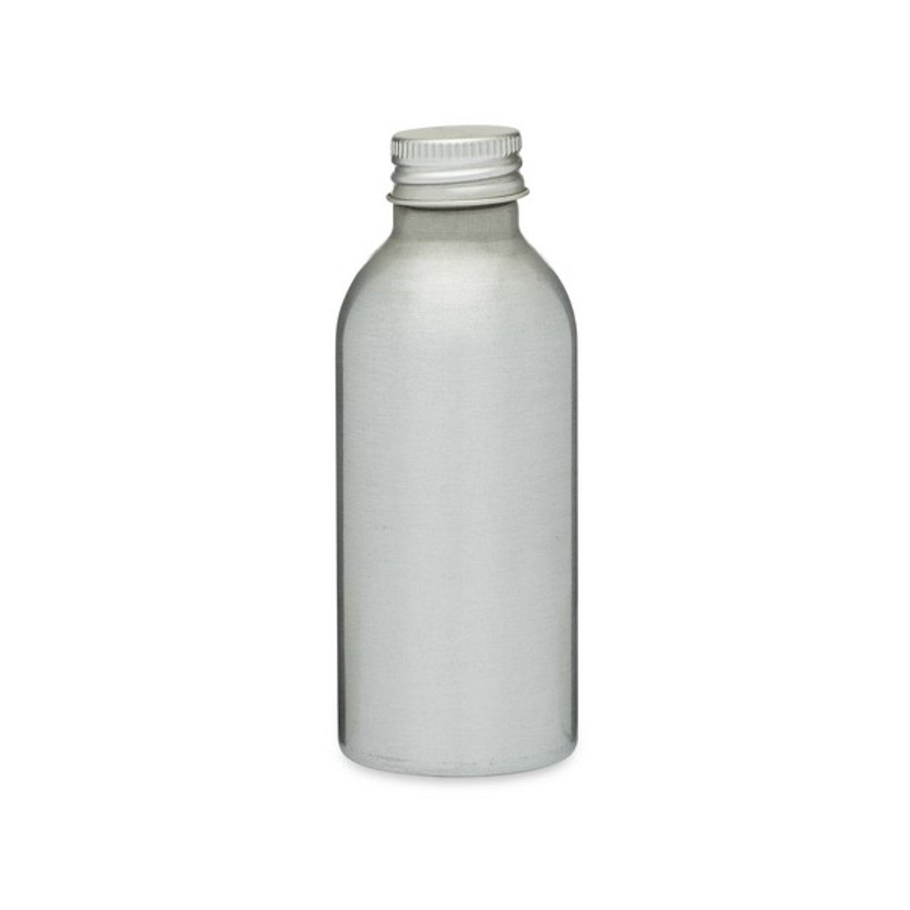 The Berlin Packaging Aluminum Bottle with Pump, featuring a plain brushed aluminum finish, stands upright against a white background.
