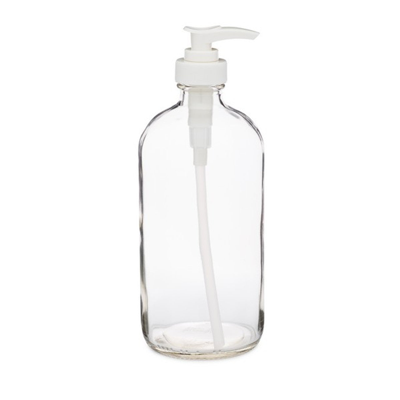 The Berlin Packaging Boston Round Clear Bottle is a 16 oz glass bottle featuring a white plastic pump dispenser with a long tube reaching the bottom, shown against a white background.