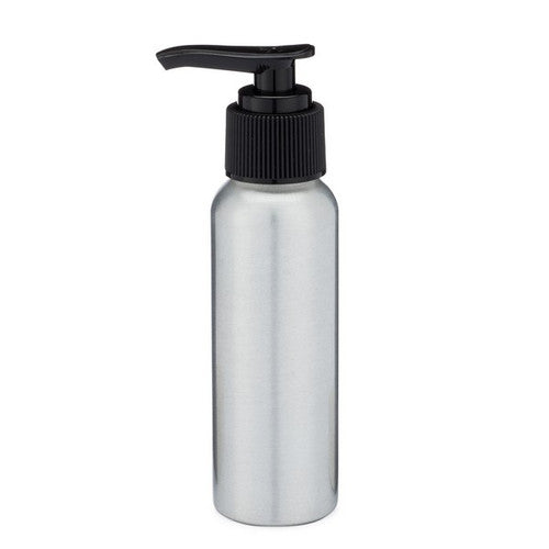 The Berlin Packaging Aluminum Bottle with Pump stands upright against a plain white background, featuring a ribbed cap and black pump in a brushed aluminum finish.