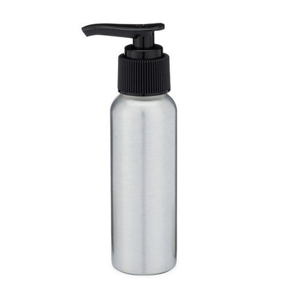The Berlin Packaging Aluminum Bottle with Pump stands upright against a plain white background, featuring a ribbed cap and black pump in a brushed aluminum finish.