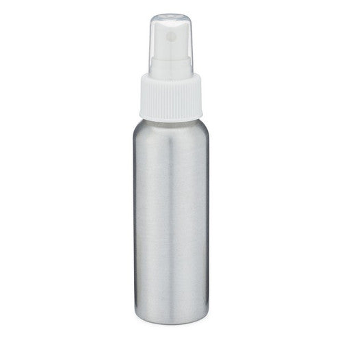 The Berlin Packaging Aluminum Bottle with Pump features a small, silver, brushed aluminum body with a white spray nozzle and clear cap, displayed upright on a plain white background.