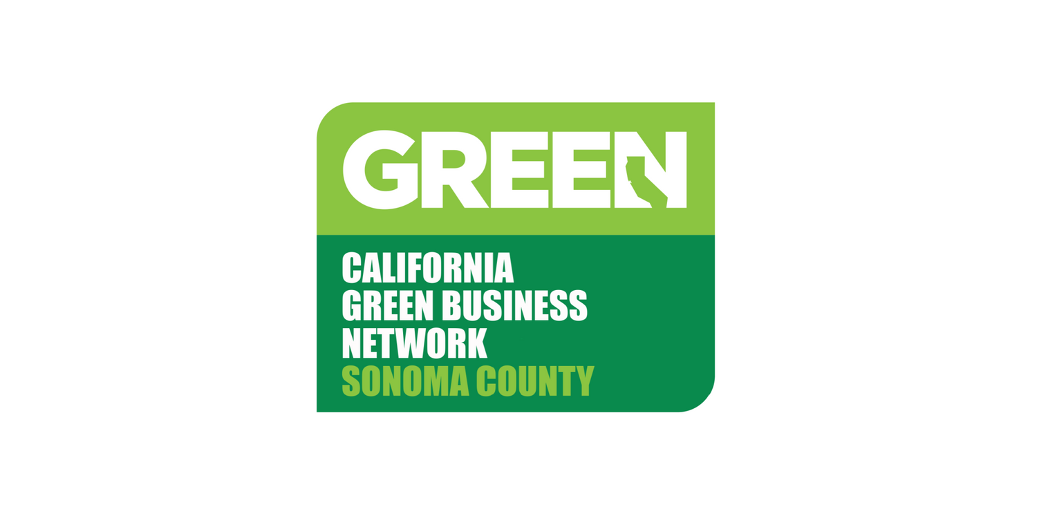 Logo with GREEN in large white letters on a light green background and California Green Business Network Sonoma County in white and yellow text on a dark green background below.