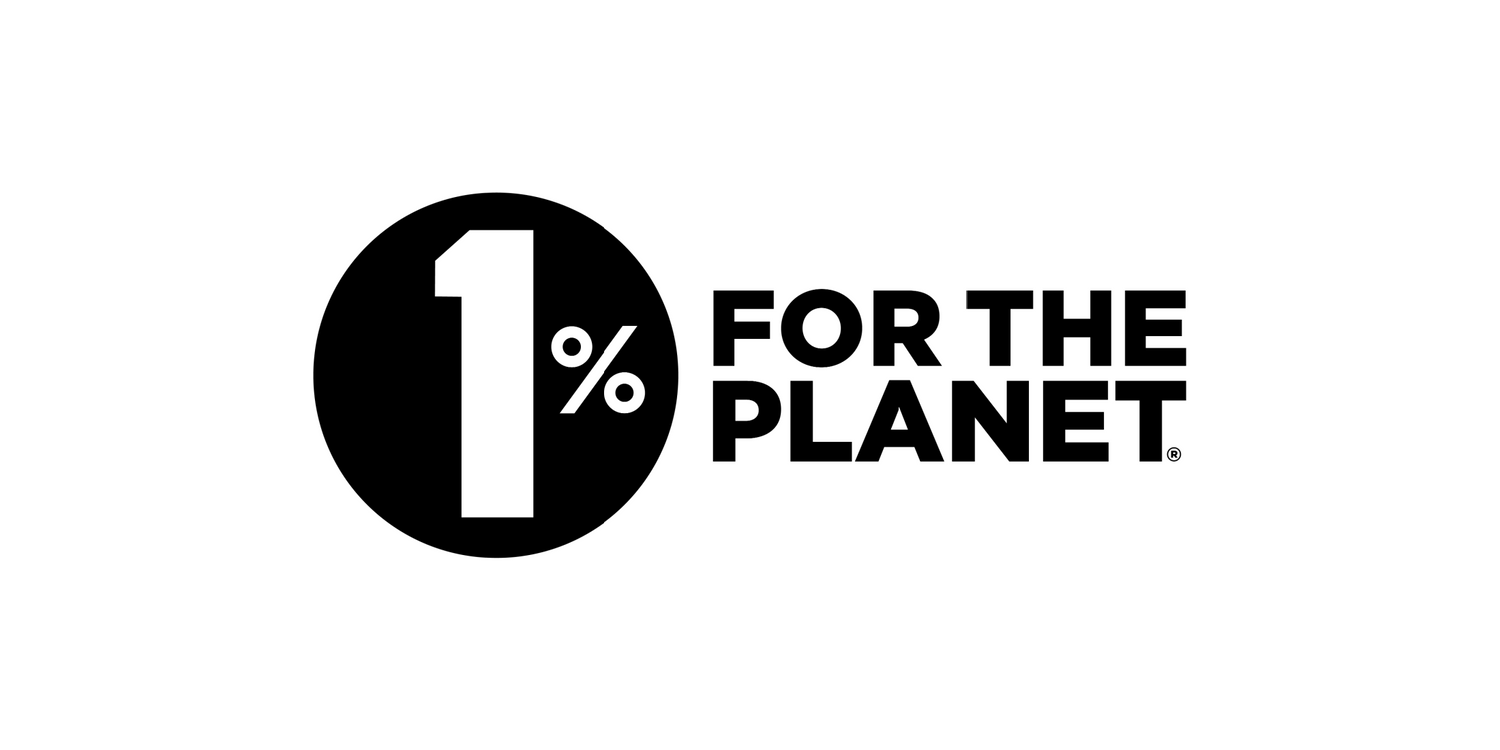 Black circle with a large white 1% on the left, and the words FOR THE PLANET in bold black letters to the right on a white background; logo for 1% for the Planet environmental initiative.