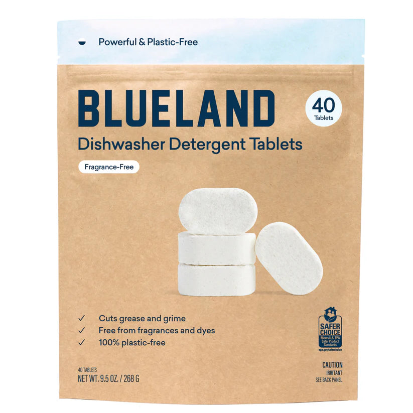 A brown and white Blueland Dishwasher Tablets bag shows four white, plant-based tablets. The 40-count, fragrance-free, plastic-free pack claims to cut grease and grime.