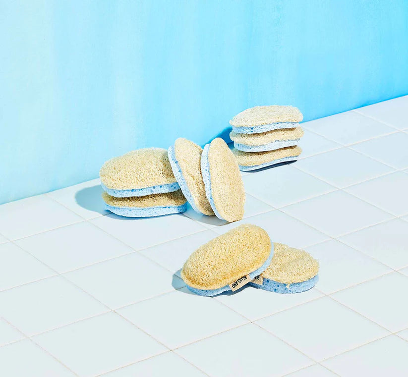 Blueland Sponges 3-pack by Blueland features several oval, plant-based sponges with beige tops and blue bottoms arranged on white tiles against a blue background—one compostable sponge includes a small fabric label.